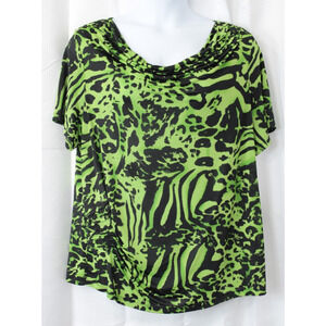 Allie & Rob Drape Neckline Animal Print Top Women 2X Green Black Office